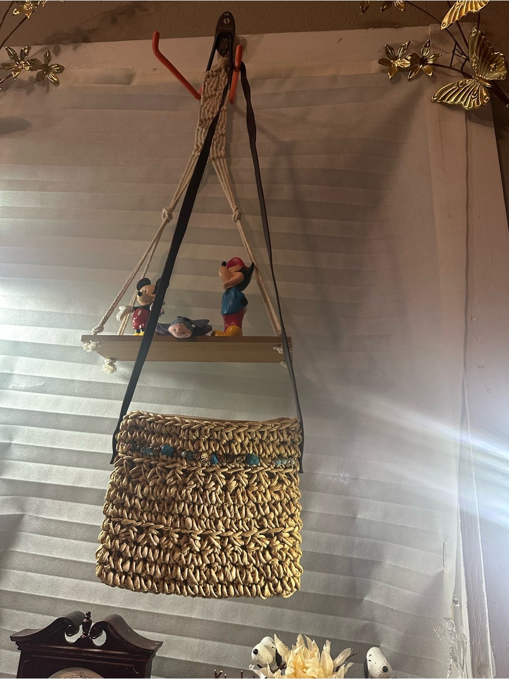 Woven Straw Crossbody Bag with Turquoise Bead Accent